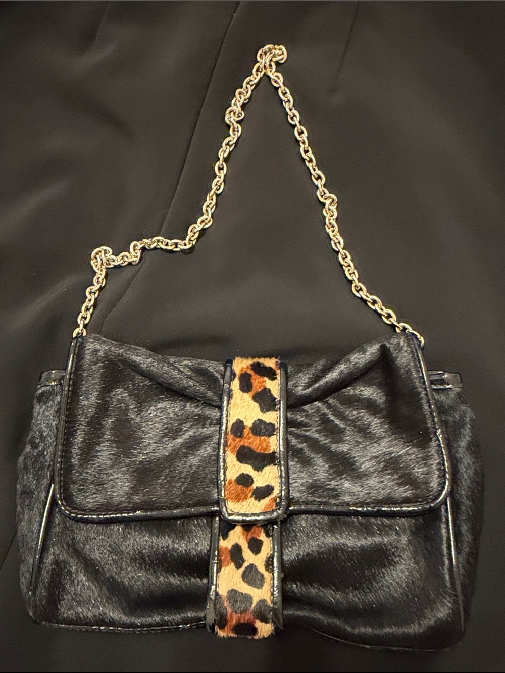 Talbots Black Haircalf Shoulder Bag with Leopard Accent and Gold Chain